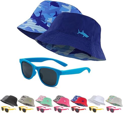 addie & tate Toddler Sun Hat for Kids UV Protection Beach Bucket Hat for Girls & Boys Fishing Boating with Sunglasses (Shark, 4-7 Years) in Saudi Arabia