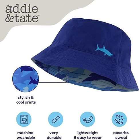 addie & tate Toddler Sun Hat for Kids UV Protection Beach Bucket Hat for Girls & Boys Fishing Boating with Sunglasses (Shark, 4-7 Years) in Saudi Arabia
