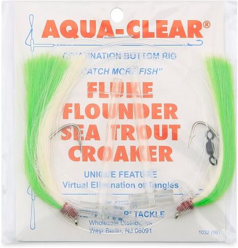 Aqua-Clear Hi-Lo Mixed Color Hair Teaser Rig for Flounder, Fluke, Sea Trout, Croaker, 3/0 Nickel Wide Gap Hook, AFW Swivel, 40 lb GS Mono, T-Standoff, Green and White Hair in Kuwait