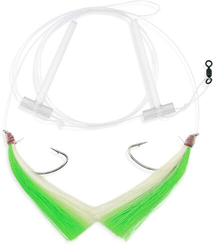 Aqua-Clear Hi-Lo Mixed Color Hair Teaser Rig for Flounder, Fluke, Sea Trout, Croaker, 3/0 Nickel Wide Gap Hook, AFW Swivel, 40 lb GS Mono, T-Standoff, Green and White Hair in Kuwait