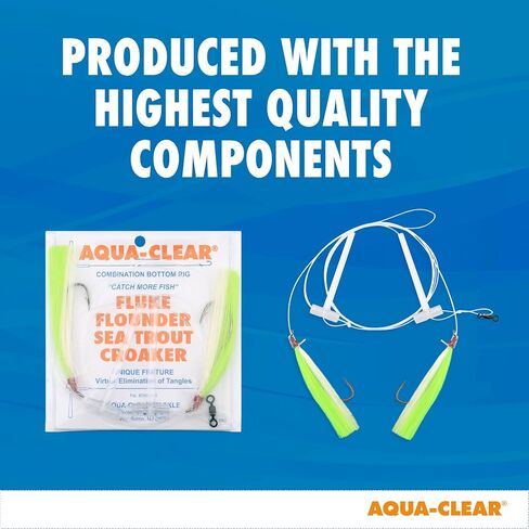 Aqua-Clear Hi-Lo Mixed Color Hair Teaser Rig for Flounder, Fluke, Sea Trout, Croaker, 3/0 Nickel Wide Gap Hook, AFW Swivel, 40 lb GS Mono, T-Standoff, Green and White Hair in Kuwait