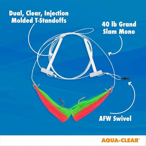 Aqua-Clear Hi-Lo Mixed Color Hair Teaser Rig for Flounder, Fluke, Sea Trout, Croaker, 3/0 Nickel Wide Gap Hook, AFW Swivel, 40 lb GS Mono, T-Standoff, Green and White Hair in Kuwait