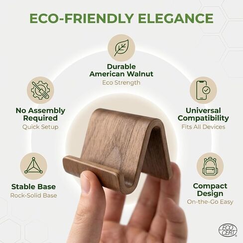 Wood Phone Stand for Desk - American Walnut Wooden Cell Phone Holder for iPhone 17 16 15 14 Pro Max Plus Samsung Galaxy Android Desktop Office Accessories Portable Aesthetic Smartphone Stand in Kuwait