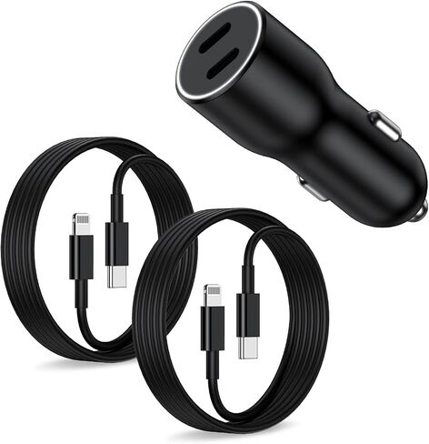 45W Dual Port USB C Car Charger Adapter, MFi Certified Fast Charger for Apple iPhone 14/13/12/11 Pro Max, iPad, AirPods with 3ft Lightning Cable, [Pack of 2] in Kuwait