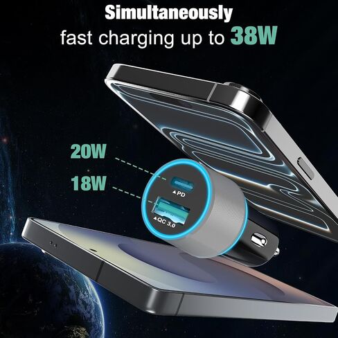 38W USB C Car Charger Adapter, 20W Fast USB-C & 18W Rapid QC3.0 Ports, 12V Cigarette Lighter Adapter for iPhone 17/16 /15, Google Pixel, Samsung, Android Phones Auto Accessories for Men - Gray in Kuwait