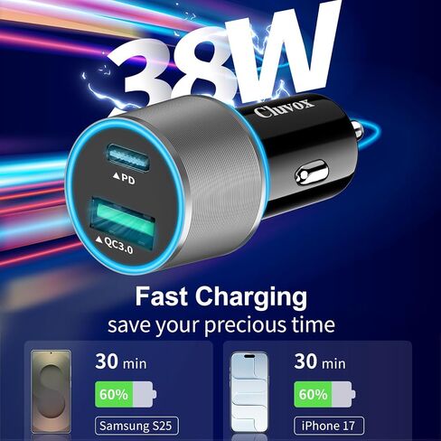 38W USB C Car Charger Adapter, 20W Fast USB-C & 18W Rapid QC3.0 Ports, 12V Cigarette Lighter Adapter for iPhone 17/16 /15, Google Pixel, Samsung, Android Phones Auto Accessories for Men - Gray in Kuwait