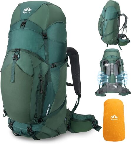 Night Cat Internal-frame Hiking Backpack: 100L Large Camping Backpack for Men Women Traveling Waterproof Rain Cover Green in Kuwait