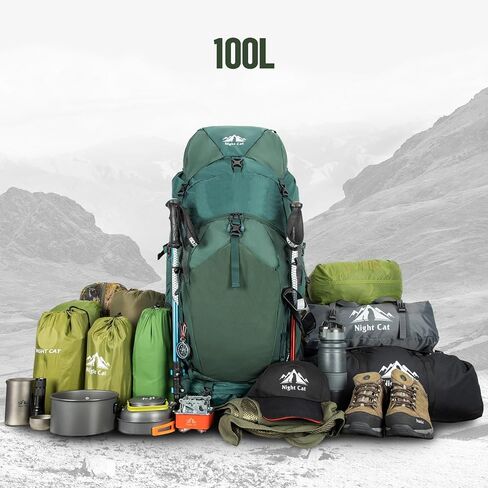 Night Cat Internal-frame Hiking Backpack: 100L Large Camping Backpack for Men Women Traveling Waterproof Rain Cover Green in Kuwait
