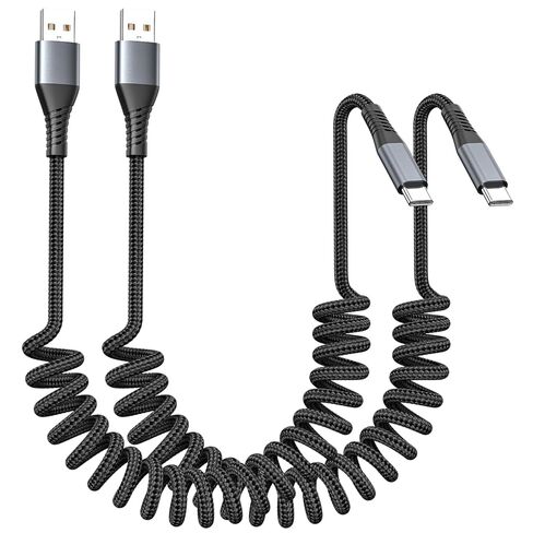 FOXSEA USB A to USB C Cable Coiled & Braided for iPhone 17/16/15 (1-3ft) in Kuwait