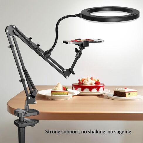 Overhead Camera Mount and Phone Holder with 10" Ring Light Canvas Lamp Adjustable Desk Tripod Stand Compatible with Logitech Webcam for YouTube, Live Streaming, TikTok, Cooking, Nail Video in Kuwait