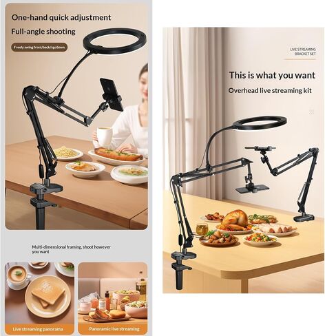 Overhead Camera Mount and Phone Holder with 10" Ring Light Canvas Lamp Adjustable Desk Tripod Stand Compatible with Logitech Webcam for YouTube, Live Streaming, TikTok, Cooking, Nail Video in Kuwait