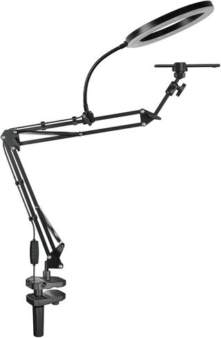 Overhead Camera Mount and Phone Holder with 10" Ring Light Canvas Lamp Adjustable Desk Tripod Stand Compatible with Logitech Webcam for YouTube, Live Streaming, TikTok, Cooking, Nail Video in Kuwait
