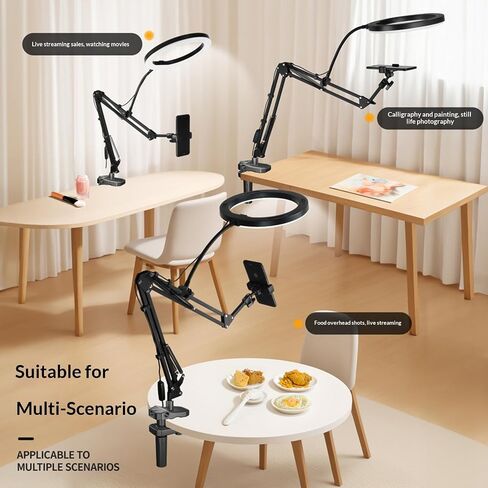 Overhead Camera Mount and Phone Holder with 10" Ring Light Canvas Lamp Adjustable Desk Tripod Stand Compatible with Logitech Webcam for YouTube, Live Streaming, TikTok, Cooking, Nail Video in Kuwait