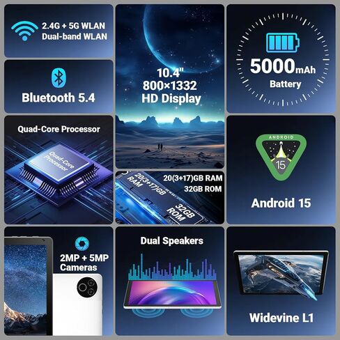 Android 15 Tablet 10 Inch, 16GB RAM 32GB ROM 1TB Expandable, Fast WiFi 6 & BT 5.4 Electronics Tablets 5-Core, HD IPS Touchscreen, 8H+ Battery, 2*Camera Tablet for Kids & Adults, Gift, Streaming, Work in Kuwait
