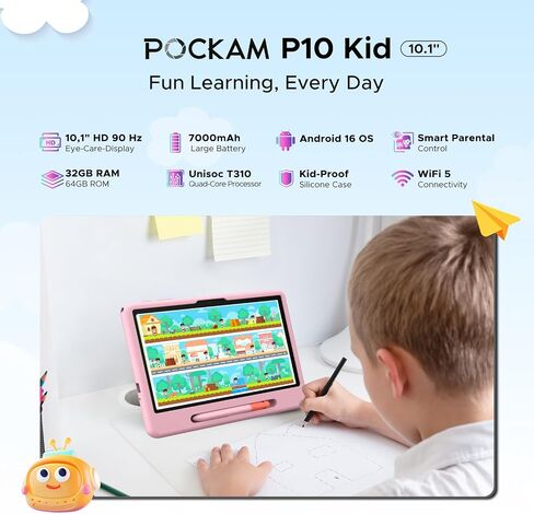 2026 Upgraded Tablet, P10K 10 inch with 32GB RAM 64GB ROM, Gemini AI, 7000mAh, T310 CPU, 90Hz, 5G WiFi, Android 16 Tablet with Stylus Pen, Silicone Case-Pink in Kuwait