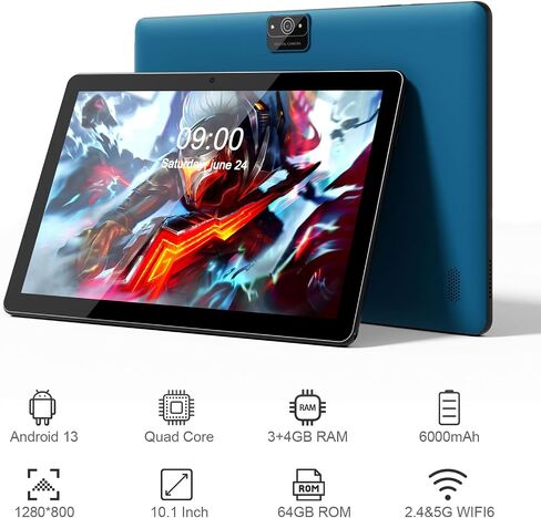 Android Tablet 10 Inch, 3GB RAM 64GB Storage, Dual Camera 8.0MP, GMS Certified, Dual Speakers, HD Touch Screen, 6000mAh Battery, WiFi, Bluetooth – Blue in Kuwait
