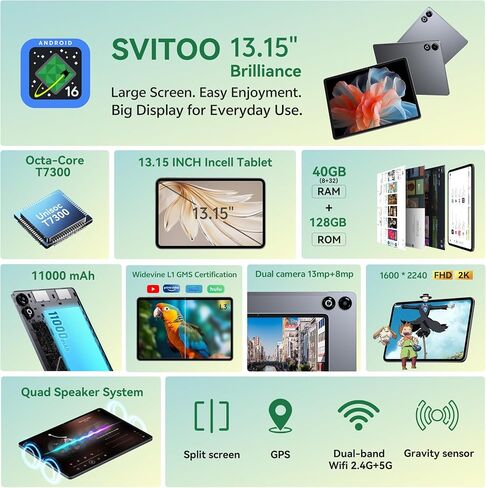 SVITOO 13 Inch Android 16 Tablet with WiFi, 2K Display, 40GB RAM, 128GB Storage Expandable, Octa-Core Processor, Bluetooth, USB-C Fast Charging, Protective Case,Space Gray in Kuwait