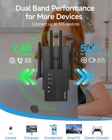 1200Mbps WiFi Extender, Long Range WiFi Booster up to 12880 Sq Ft, 105 Devices, Dual Band 2.4/5GHz WiFi Extender Signal Booster for Home in Kuwait