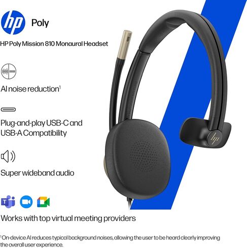 POLY HP Mission 810 USB Headset - USB-C & USB-A Plug-and-Play - AI Noise-Reducing Adjustable Boom Mic - Inline Controls - Lightweight Single-Ear Design - USB Headset with Microphone for PC in Kuwait