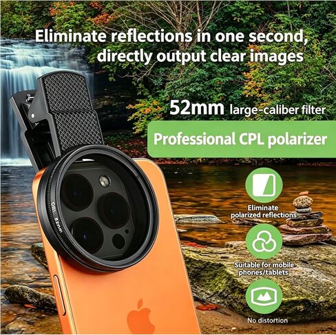 New CPL Phone Camera Filter Kit with Polarization, Universal Clip-On to Eliminate Glare & Boost Colors for iPhone 17 16 15 14 13 12 11 and Other Smart Phones Photography (52mm) in Kuwait