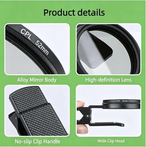 New CPL Phone Camera Filter Kit with Polarization, Universal Clip-On to Eliminate Glare & Boost Colors for iPhone 17 16 15 14 13 12 11 and Other Smart Phones Photography (52mm) in Kuwait