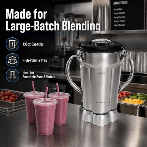 136oz Stainless Steel Replacement Container for Waring CB15 Series, 304 Food-Grade Blender Jar with Dual Stay-Cool Handles, Snap-Lock Leak-Proof Lid & Blade Assembly, Heavy-Duty OEM Alternative in Kuwait