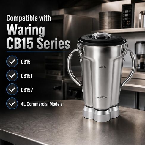 136oz Stainless Steel Replacement Container for Waring CB15 Series, 304 Food-Grade Blender Jar with Dual Stay-Cool Handles, Snap-Lock Leak-Proof Lid & Blade Assembly, Heavy-Duty OEM Alternative in Kuwait