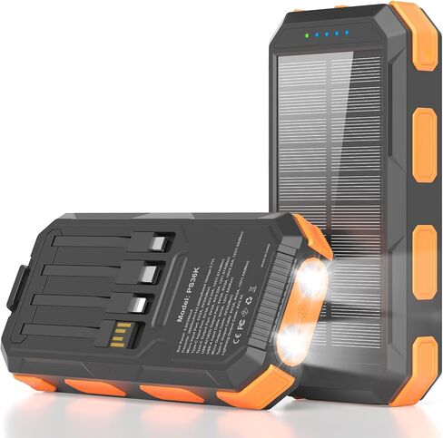 Solar Charger Power Bank 38800mAh, 22.5W USB-C Fast Charging Portable Charger with 4 Built-in Cables, External Battery Pack with Dual LED Emergency Flashlights for Camping, Hiking, Outdoor Use in Kuwait