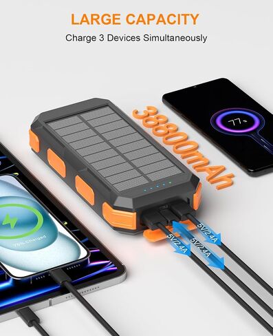 Solar Charger Power Bank 38800mAh, 22.5W USB-C Fast Charging Portable Charger with 4 Built-in Cables, External Battery Pack with Dual LED Emergency Flashlights for Camping, Hiking, Outdoor Use in Saudi Arabia
