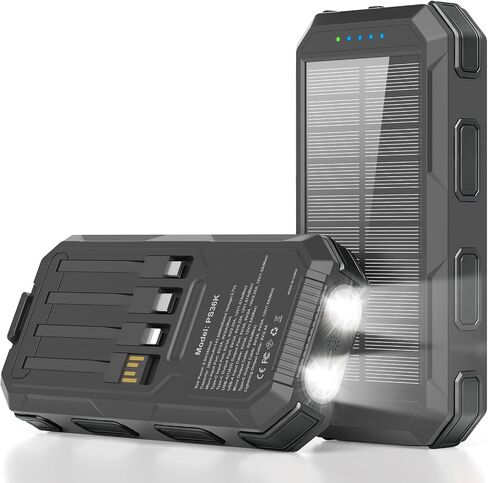 Solar Charger Power Bank 38800mAh, 22.5W USB-C Fast Charging Portable Charger with 4 Built-in Cables, External Battery Pack with Dual LED Emergency Flashlights for Camping, Hiking, Outdoor Use in Saudi Arabia