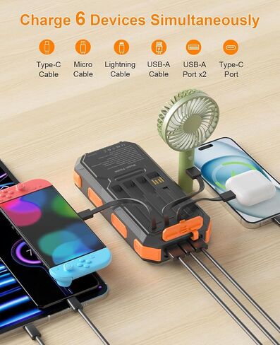 Solar Charger Power Bank 38800mAh, 22.5W USB-C Fast Charging Portable Charger with 4 Built-in Cables, External Battery Pack with Dual LED Emergency Flashlights for Camping, Hiking, Outdoor Use in Saudi Arabia
