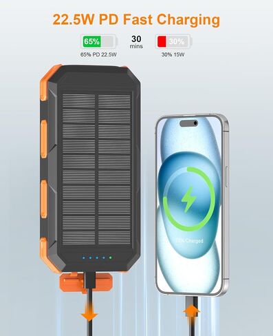 Solar Charger Power Bank 38800mAh, 22.5W USB-C Fast Charging Portable Charger with 4 Built-in Cables, External Battery Pack with Dual LED Emergency Flashlights for Camping, Hiking, Outdoor Use in Saudi Arabia