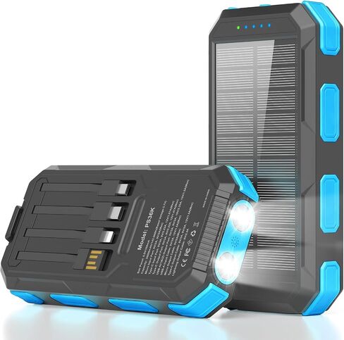 Solar Charger Power Bank 38800mAh, 22.5W USB-C Fast Charging Portable Charger with 4 Built-in Cables, External Battery Pack with Dual LED Emergency Flashlights for Camping, Hiking, Outdoor Use in Saudi Arabia