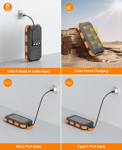 Solar Charger Power Bank 38800mAh, 22.5W USB-C Fast Charging Portable Charger with 4 Built-in Cables, External Battery Pack with Dual LED Emergency Flashlights for Camping, Hiking, Outdoor Use in Saudi Arabia