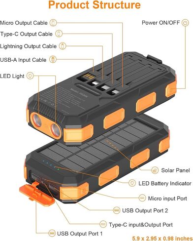 Solar Charger Power Bank 38800mAh, 22.5W USB-C Fast Charging Portable Charger with 4 Built-in Cables, External Battery Pack with Dual LED Emergency Flashlights for Camping, Hiking, Outdoor Use in Saudi Arabia
