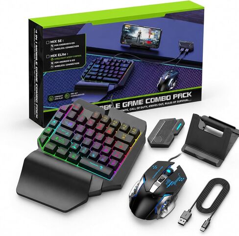 One Hand RGB Gaming Keyboard and Mouse Combo, Half Hand Gaming Keyboard Set, 4 in 1 Mobile Gaming Keyboard Set with Mouse Converter, Adjustable Phone Stand for PC in Kuwait