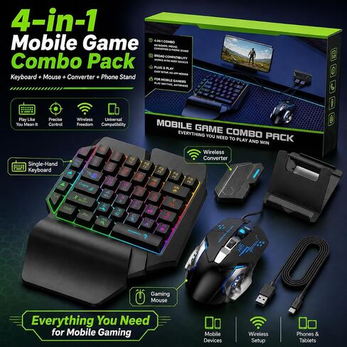 One Hand RGB Gaming Keyboard and Mouse Combo, Half Hand Gaming Keyboard Set, 4 in 1 Mobile Gaming Keyboard Set with Mouse Converter, Adjustable Phone Stand for PC in Kuwait
