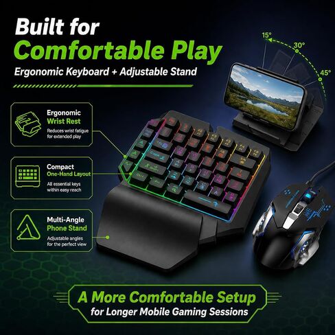 One Hand RGB Gaming Keyboard and Mouse Combo, Half Hand Gaming Keyboard Set, 4 in 1 Mobile Gaming Keyboard Set with Mouse Converter, Adjustable Phone Stand for PC in Kuwait