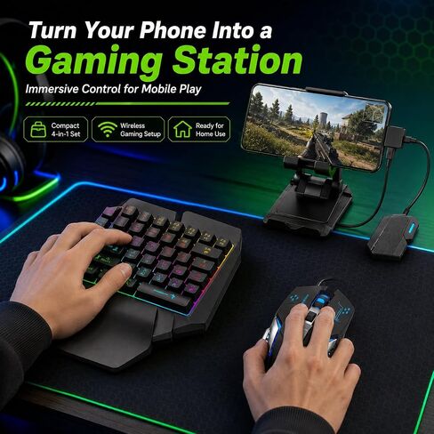 One Hand RGB Gaming Keyboard and Mouse Combo, Half Hand Gaming Keyboard Set, 4 in 1 Mobile Gaming Keyboard Set with Mouse Converter, Adjustable Phone Stand for PC in Kuwait