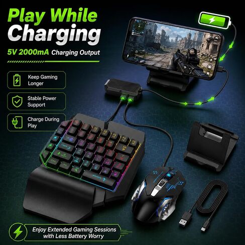 One Hand RGB Gaming Keyboard and Mouse Combo, Half Hand Gaming Keyboard Set, 4 in 1 Mobile Gaming Keyboard Set with Mouse Converter, Adjustable Phone Stand for PC in Kuwait