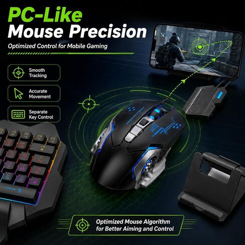 One Hand RGB Gaming Keyboard and Mouse Combo, Half Hand Gaming Keyboard Set, 4 in 1 Mobile Gaming Keyboard Set with Mouse Converter, Adjustable Phone Stand for PC in Kuwait