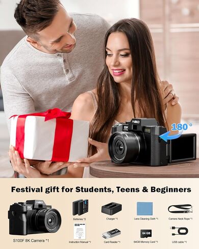NBD 8K 64MP Digital Cameras for Photography with Dual-Lens,180°Flip Screen in Kuwait