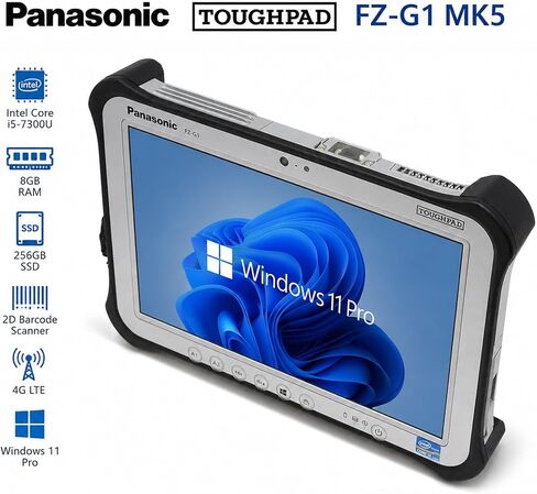 Toughbook Panasonic G1, FZ-G1 MK5, Rugged Tablet, Intel Core i5-7300U, 8GB RAM, 256GB SSD, 2D Barcode, 4G LTE, Windows 11 Pro (Renewed), Silver in Kuwait
