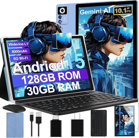 2026 Android 15 Tablet with Keyboard | Gemini AI, 30GB+128GB Octa-Core Electronics Tablets w/ 10 Inch IPS HD Display, 8000mAh, 5G WiFi, 1TB Expand, Mouse+Case, BT 5.0, Widevine L1, Metal Body -Blue in Kuwait