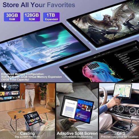 2026 Android 15 Tablet with Keyboard | Gemini AI, 30GB+128GB Octa-Core Electronics Tablets w/ 10 Inch IPS HD Display, 8000mAh, 5G WiFi, 1TB Expand, Mouse+Case, BT 5.0, Widevine L1, Metal Body -Blue in Kuwait