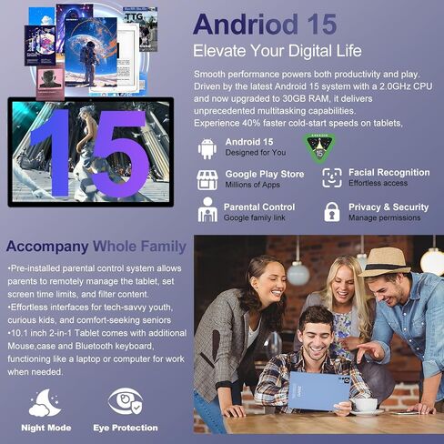 2026 Android 15 Tablet with Keyboard | Gemini AI, 30GB+128GB Octa-Core Electronics Tablets w/ 10 Inch IPS HD Display, 8000mAh, 5G WiFi, 1TB Expand, Mouse+Case, BT 5.0, Widevine L1, Metal Body -Blue in Kuwait