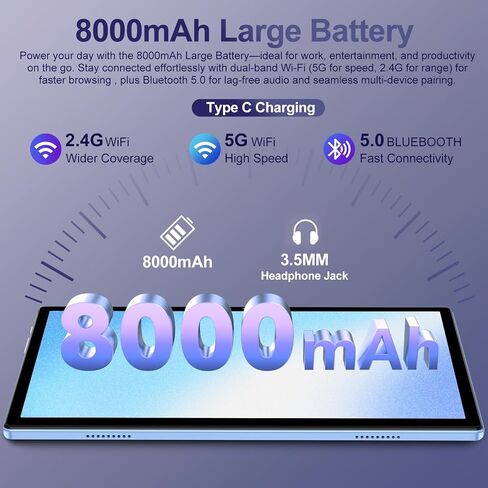 2026 Android 15 Tablet with Keyboard | Gemini AI, 30GB+128GB Octa-Core Electronics Tablets w/ 10 Inch IPS HD Display, 8000mAh, 5G WiFi, 1TB Expand, Mouse+Case, BT 5.0, Widevine L1, Metal Body -Blue in Kuwait