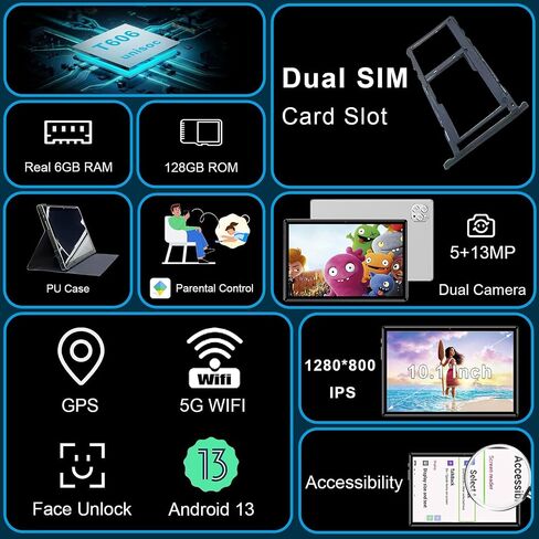 Android 13 Tablets with SIM Card Slot, 10.1 Inch Large Tablet, Cellular Tablets with Case, 4G LTE Tablet Makes Calls, 6GB+128GB 5G WiFi GPS, BT5.0, 6000mAh in Kuwait