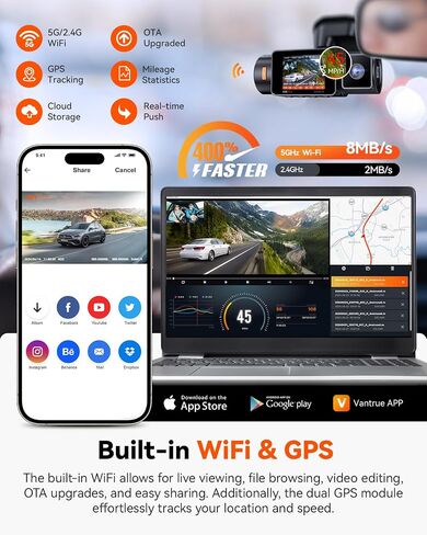 [Bundle-2 Items: Vantrue N2X Dash Cam + 128G Micro SD Card ] N2X 2.7K Dash Cam Front and Inside, 5G WiFi Dual Dash Camera for Car with HDR IR Night Vision, STARVIS 2, GPS, 2.5K/60FPS, G-Sensor in Kuwait