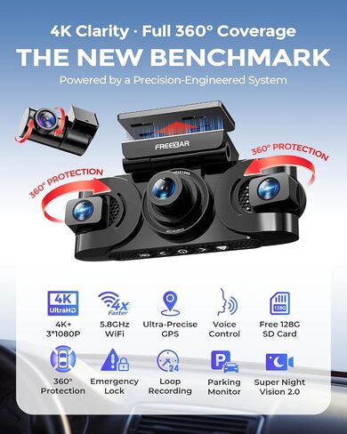 4K 4-Channel Dash Cam with 24H Parking Mode, 360° All-Sides View, Front Rear Left Right Inside, Smart Emergency Lock, GPS, 5.8GHz WiFi, Night Vision, Voice Control, 128GB Card & Hardwire Kit in Kuwait
